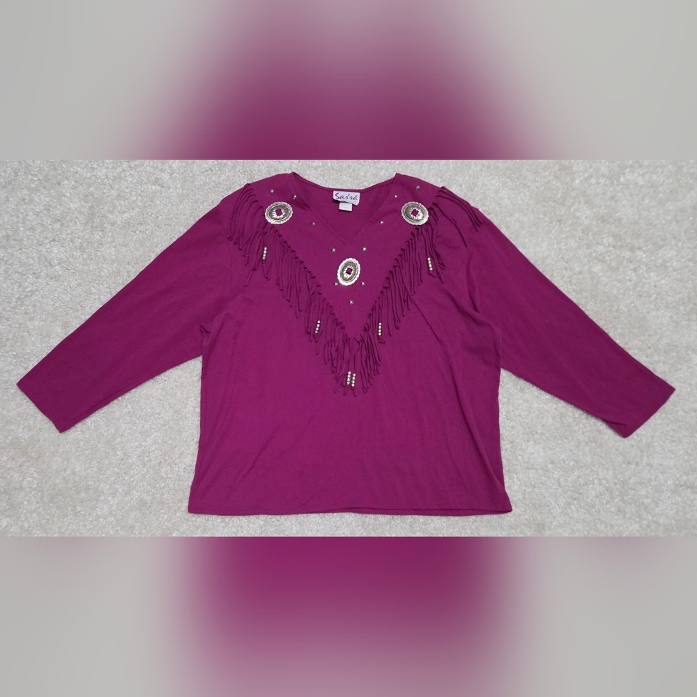 Vintage Sassa Magenta Purple Fringe Quarter Sleeve Western Top, Women's Size 42